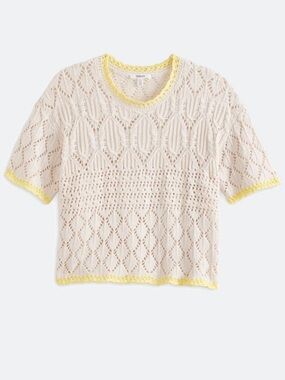 Splendid Keke Sweater in Cream l Crochet Knit Top with Yellow Trim